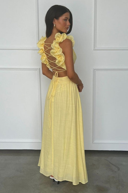 Satin Yellow V Neck A-Line Long Prom Dress, PD25180