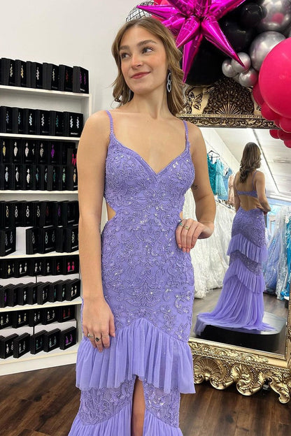 Lilac Sequin Mermaid V Neck Ruffle Long Prom Dress, PD25343