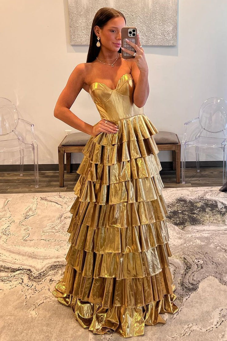 Strapless A-Line Gold Ruffle Tiered Satin Long Prom Dress