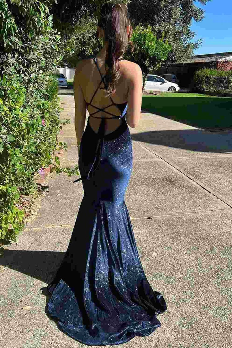 V Neck Mermaid Navy Velvet Long Prom Dresses, PD25017