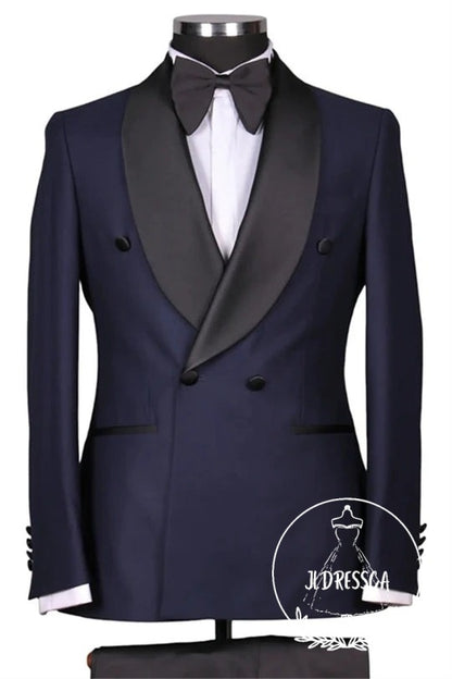 Dark Navy Shawl Lapel Double Breasted Wedding Men Suits, SU25168