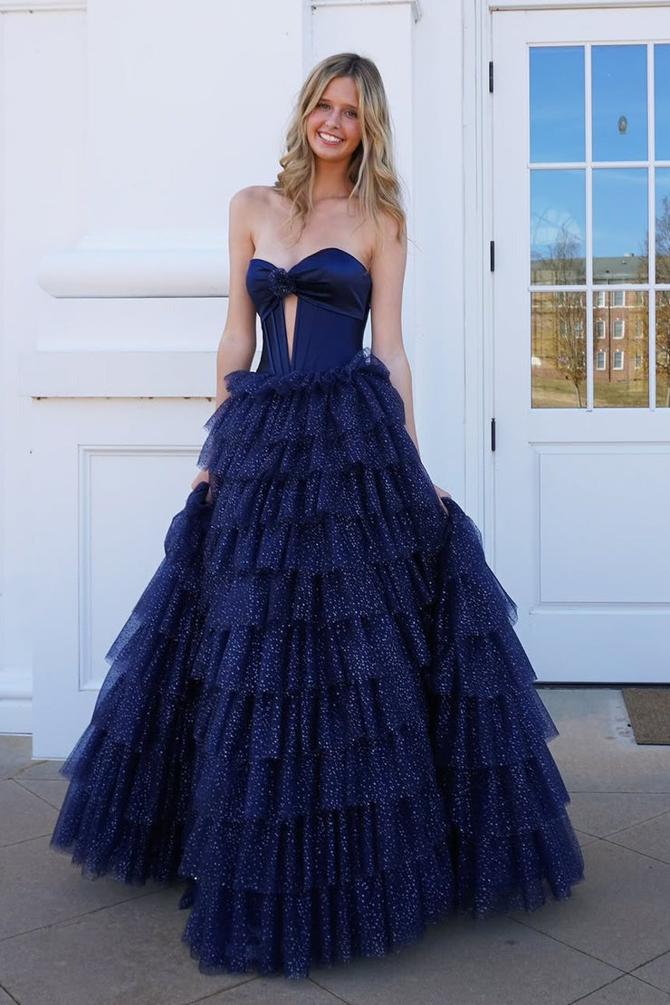 Navy Tulle Tiered Cute Ball Gown Sweetheart Keyhole Prom Dresses, PD25382