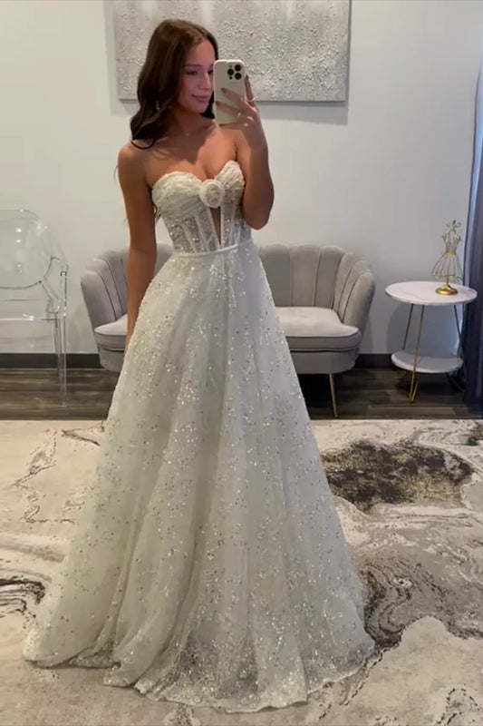 White Sequins Long A Line Sweetheart Prom Dress, PD25803