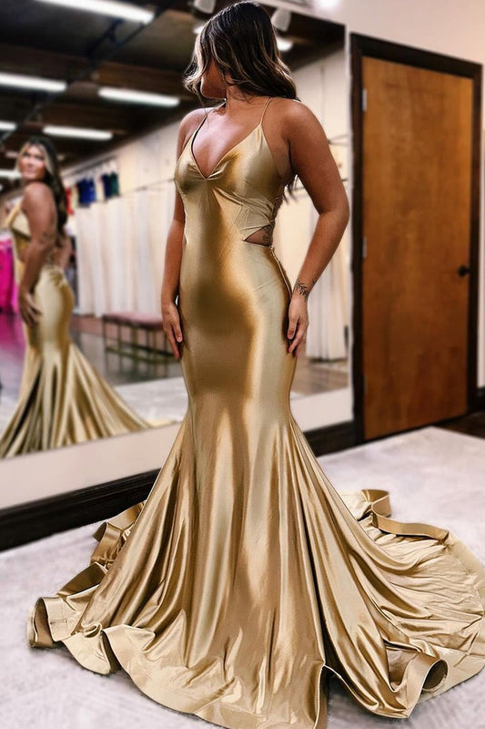 Gold Mermaid Long Prom Dress with V Neck and Cutout, PD25723