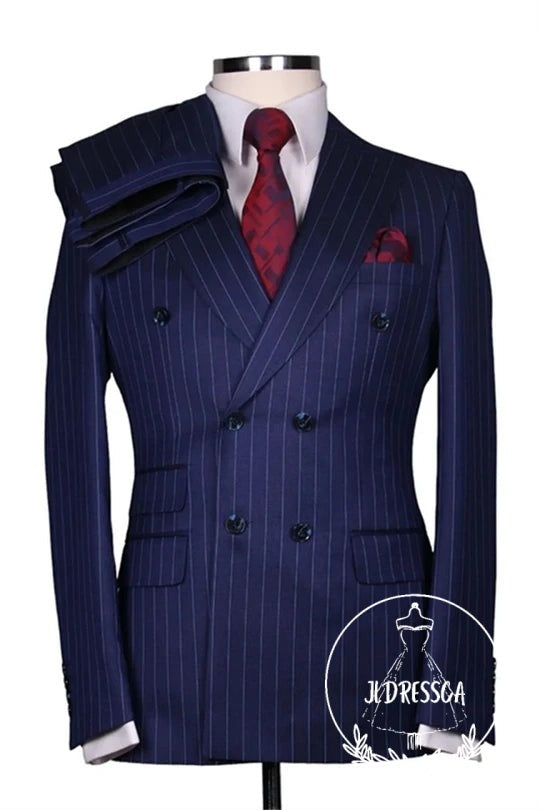 Dark Blue Double Breasted Striped Peaked Lapel Men Suits, SU25198
