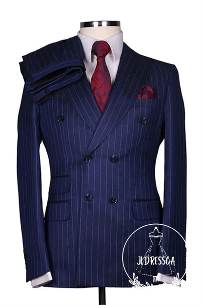 Dark Blue Double Breasted Striped Peaked Lapel Men Suits, SU25198