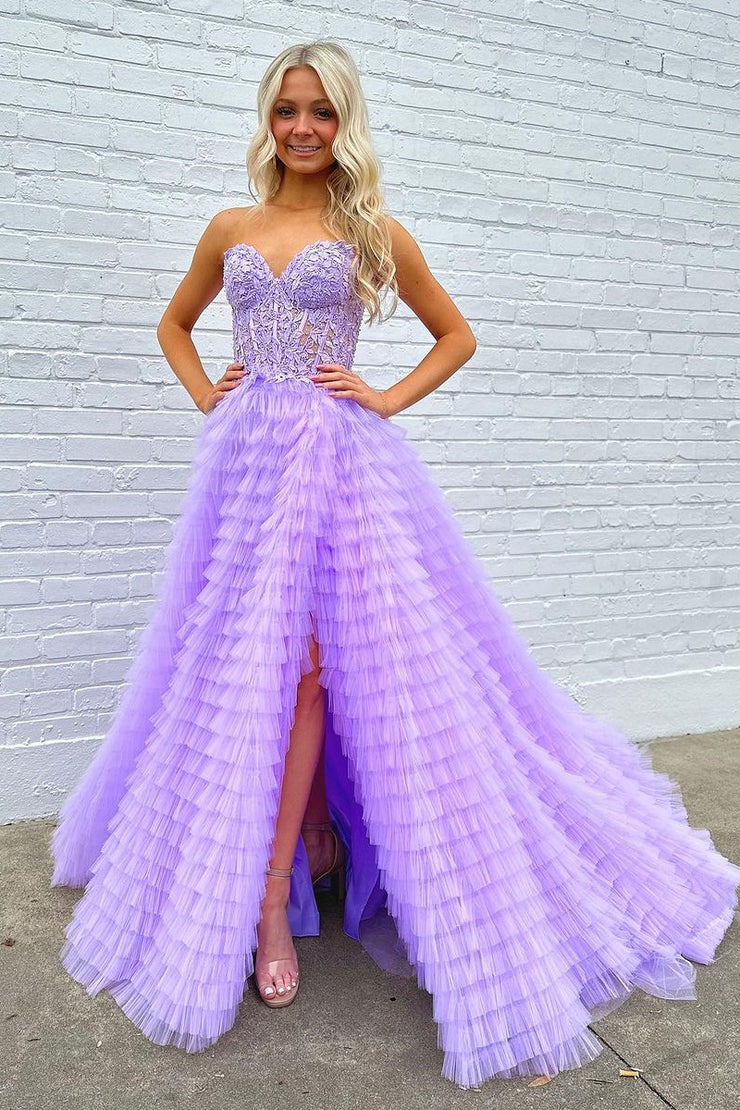 A-Line Sweetheart Ruffle Tiered Tulle Long Prom Dress, PD25424