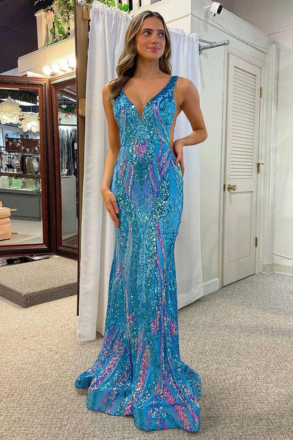 Blue Mermaid V Neck Sequins Lace Long Prom Dresses, PD25524