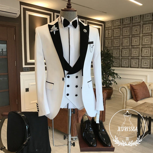 White Mixed Black Peaked Lapel One Button Slim Fit Prom Men Suit, SU25035