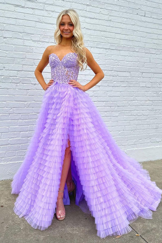 A-Line Sweetheart Ruffle Tiered Tulle Long Prom Dress, PD25424