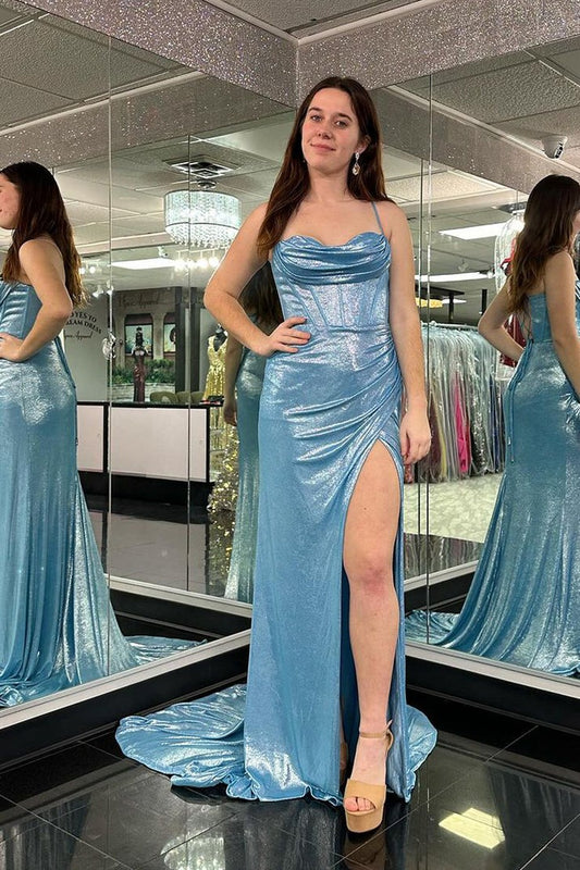 Light Blue Satin Mermaid Cowl Neck Glitter Long Prom Dress, PD25494