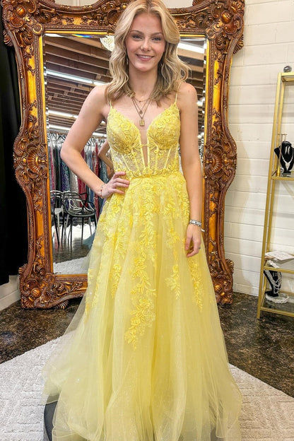 Yellow Spaghetti Straps Floral A-line Long Prom Dress, PD25694