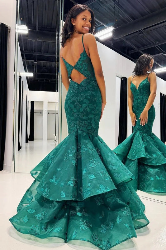Emerald V - Neck Trumpet Long Gown with Appliques, PD25583