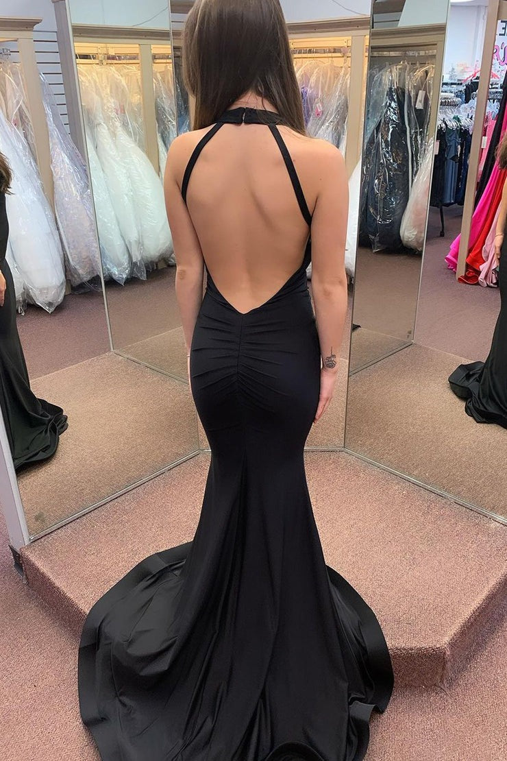 Black Satin Mermaid Deep V Neck Long Prom Dresses, PD25393