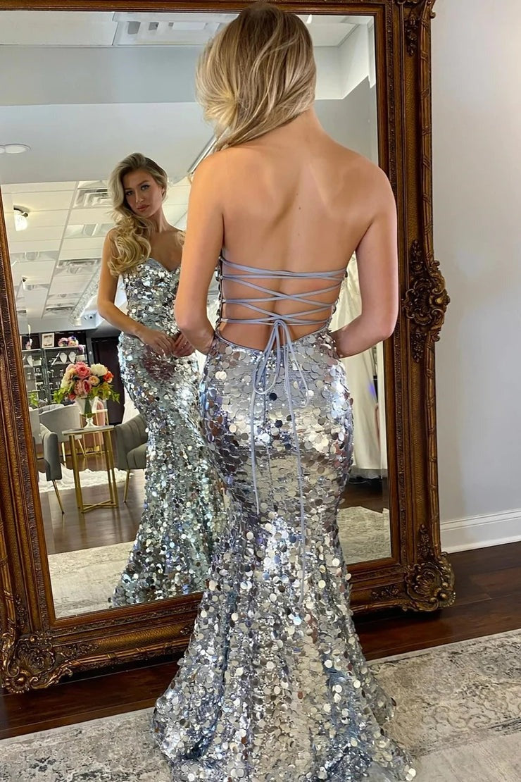 Silver Sequin Strapless Lace-Up Trumpet Long Prom Dress, PD25573