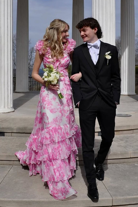 Pink V Neck A-Line Chiffon Floral Printed Ruffle Tiered Long Prom Dress, PD25813