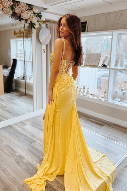 Yellow Sweetheart Sheath Satin Prom Dress with Slit, PD25793