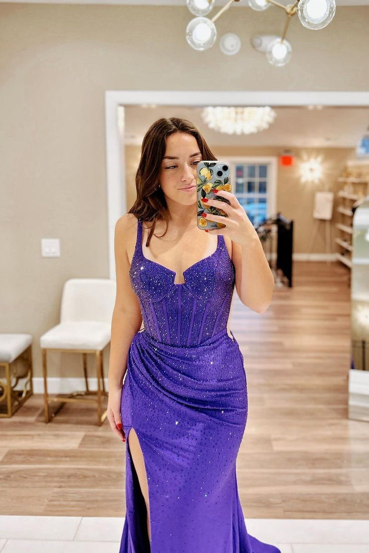 Purple Mermaid Satin Long Prom Dresses with Beads, PD25602