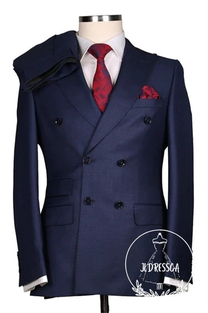Navy Blue Double Breasted Close Fitting Formal Men Suits, SU25158