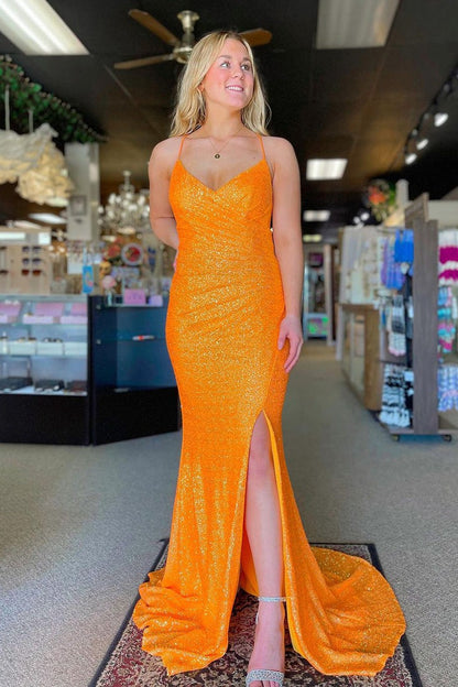 Orange Sequin V Neck Mermaid Long Prom Dress with Slit, PD25374
