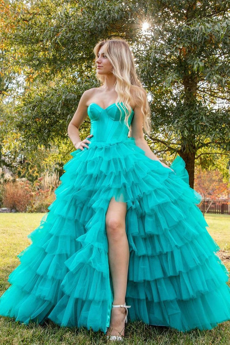 Turquoise Tulle A-Line Strapless Long Prom Dresses, PD25473