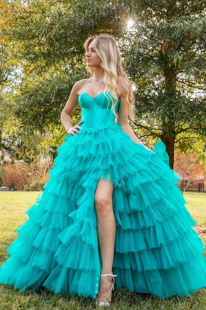 Turquoise Tulle A-Line Strapless Long Prom Dresses, PD25473