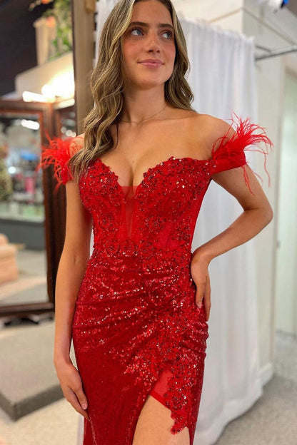 Red Mermaid Off-the-Shoulder Sequin Lace Prom Dresses with Feather, PD25553