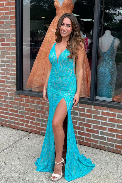 Blue Mermaid V Neck Lace Long Prom Dress with Slit, PD25240