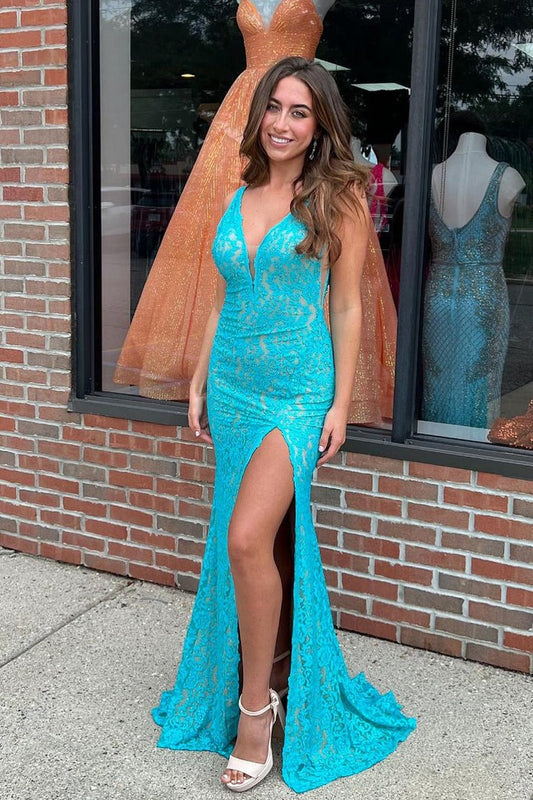 Blue Mermaid V Neck Lace Long Prom Dress with Slit, PD25240