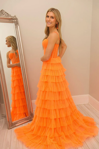 Orange Sweetheart Ruffle Tiered Tulle Long Prom Dress, PD2404232