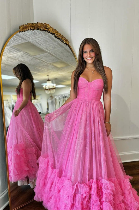 Fuchsia A-Line Strapless Ruffle Tiered Long Prom Dress, PD25220