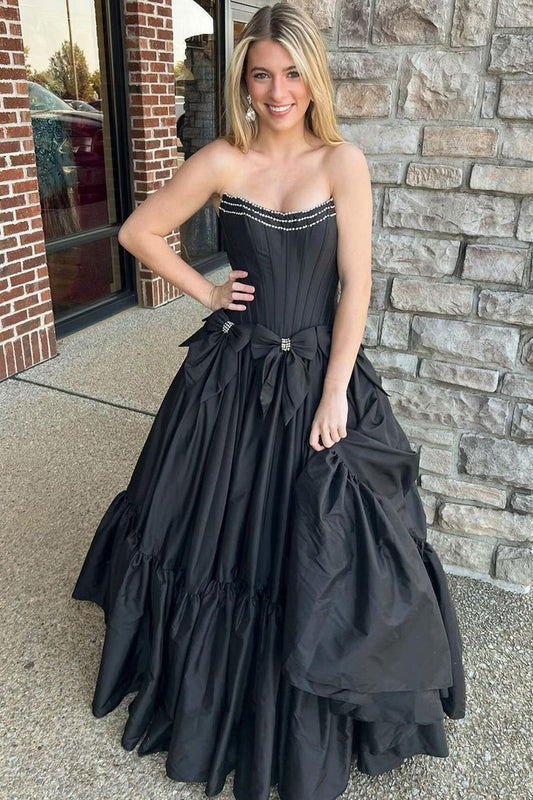 Scoop Neck Ball Gown Black Satin Long Prom Dresses with Beading, PD25038