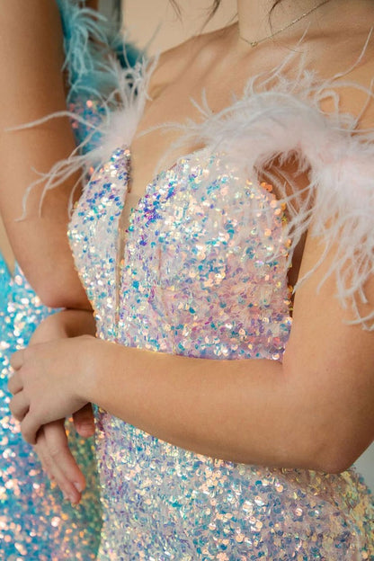 White Sequins Mermaid V Neck Long Prom Dress with Feather, PD25277