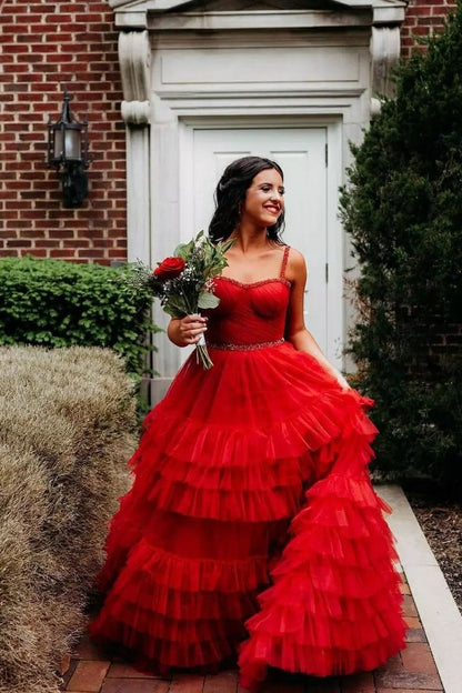 Sweetheart Ball Gown Red Ruffle Tiered Tulle Prom Dress with Beading, PD25087