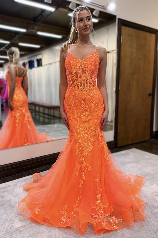Orange Sequins Mermaid V Neck Long Prom Dresses, PD25242