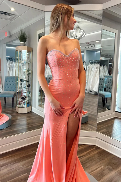 Coral Satin Prom Dress with Beaded Strapless Design - Long Mermaid Evening Gown, PD2404072