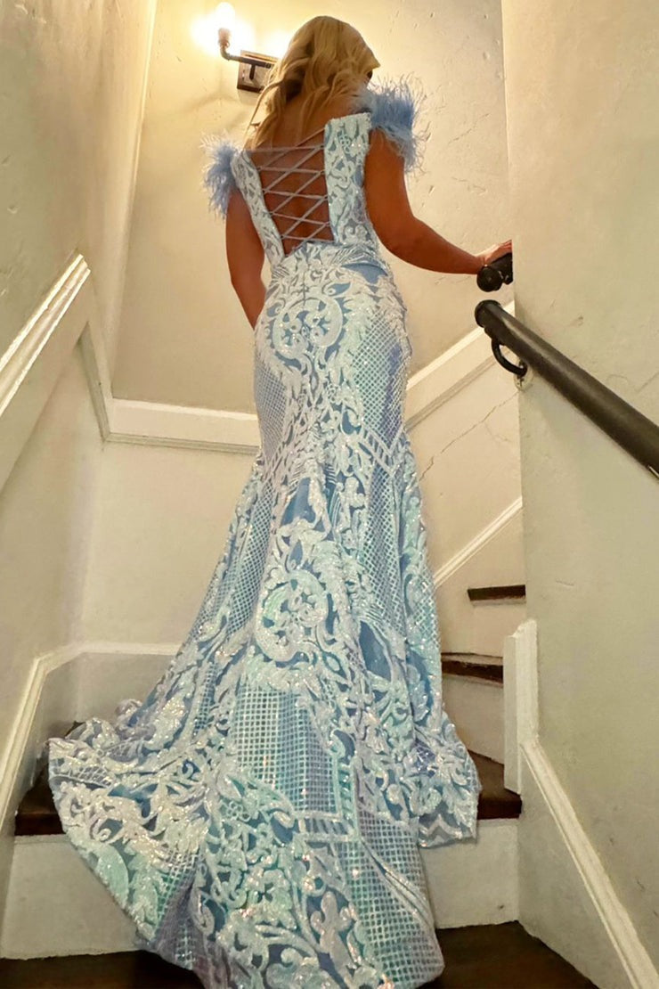 Light Blue Sequins Lace Mermaid Off the Shoulder Long Prom Dress with Slit, PD25330