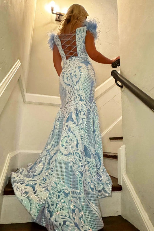 Light Blue Sequins Lace Mermaid Off the Shoulder Long Prom Dress with Slit, PD25330