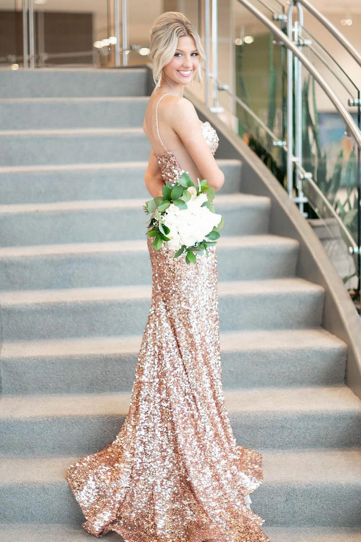 Champagne Sequins Mermaid Sweetheart Long Prom Dress, PD25283