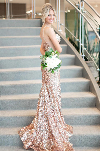 Champagne Sequins Mermaid Sweetheart Long Prom Dress, PD25283