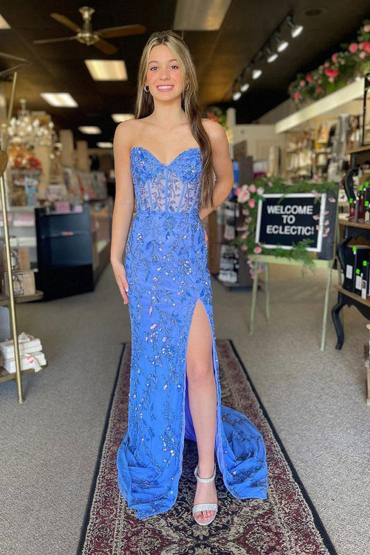 Blue Sequin Mermaid Strapless Long Prom Dress with Slit, PD25341