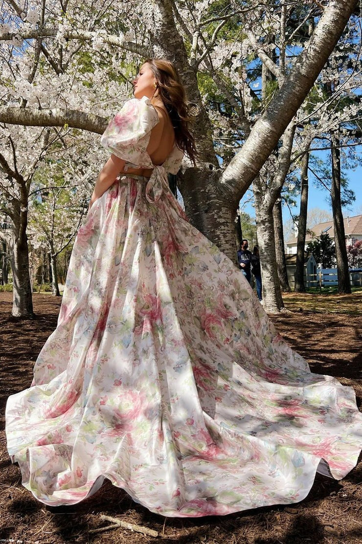 Two Piece Princess Floral Printed Long Prom Dresses with Slit, PD25194
