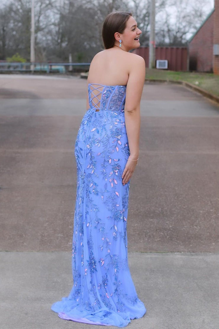 Blue Sequins Appliques Mermaid Strapless Long Prom Dress with Slit, PD25347