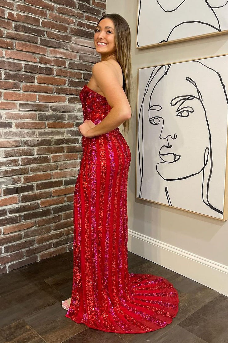 Mermaid Glitter Red Sequins Long Prom Dress with Slit, PD25176