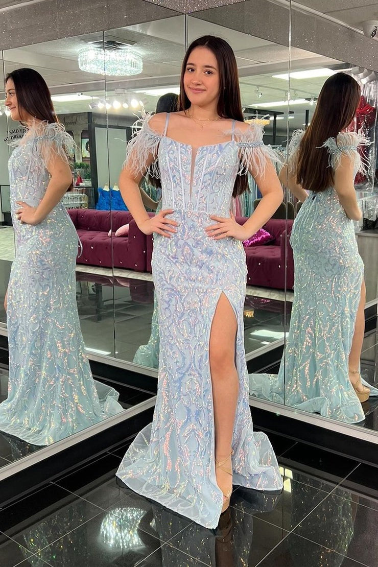 Cold Shoulder Mermaid Blue Sequins Long Prom Dress with Feather, PD25139
