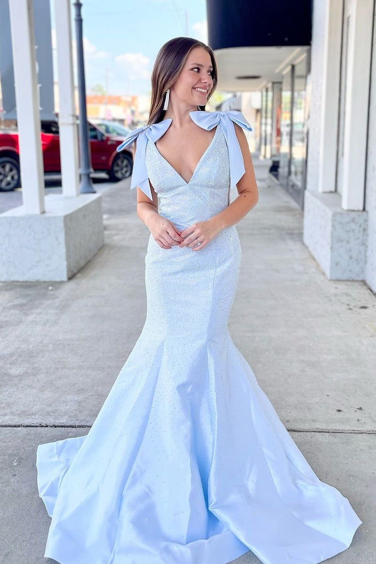 V Neck Mermaid Light Blue Satin Long Prom Dress with Beading, PD25090