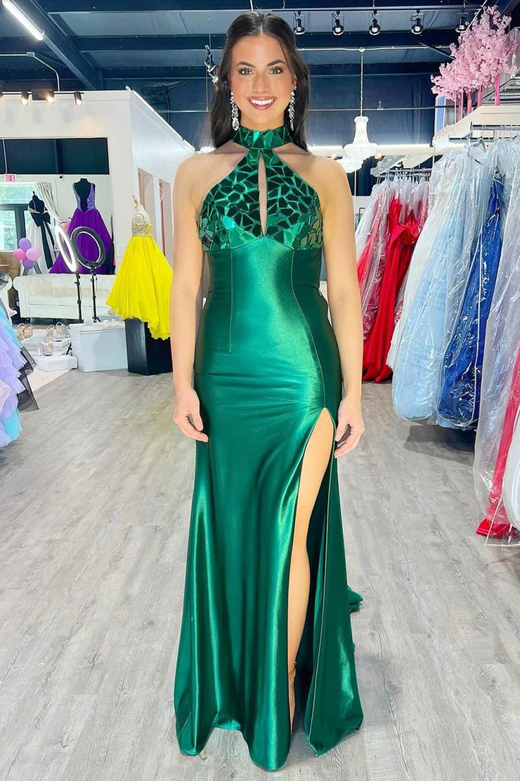 Halter Mermaid Dark Green Elastic Satin Prom Dresses with Beading, PD25053