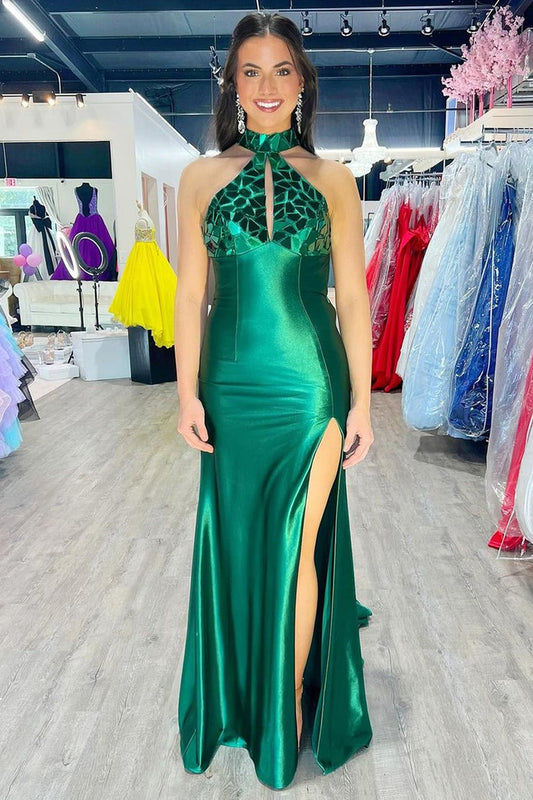 Halter Mermaid Dark Green Elastic Satin Prom Dresses with Beading, PD25053