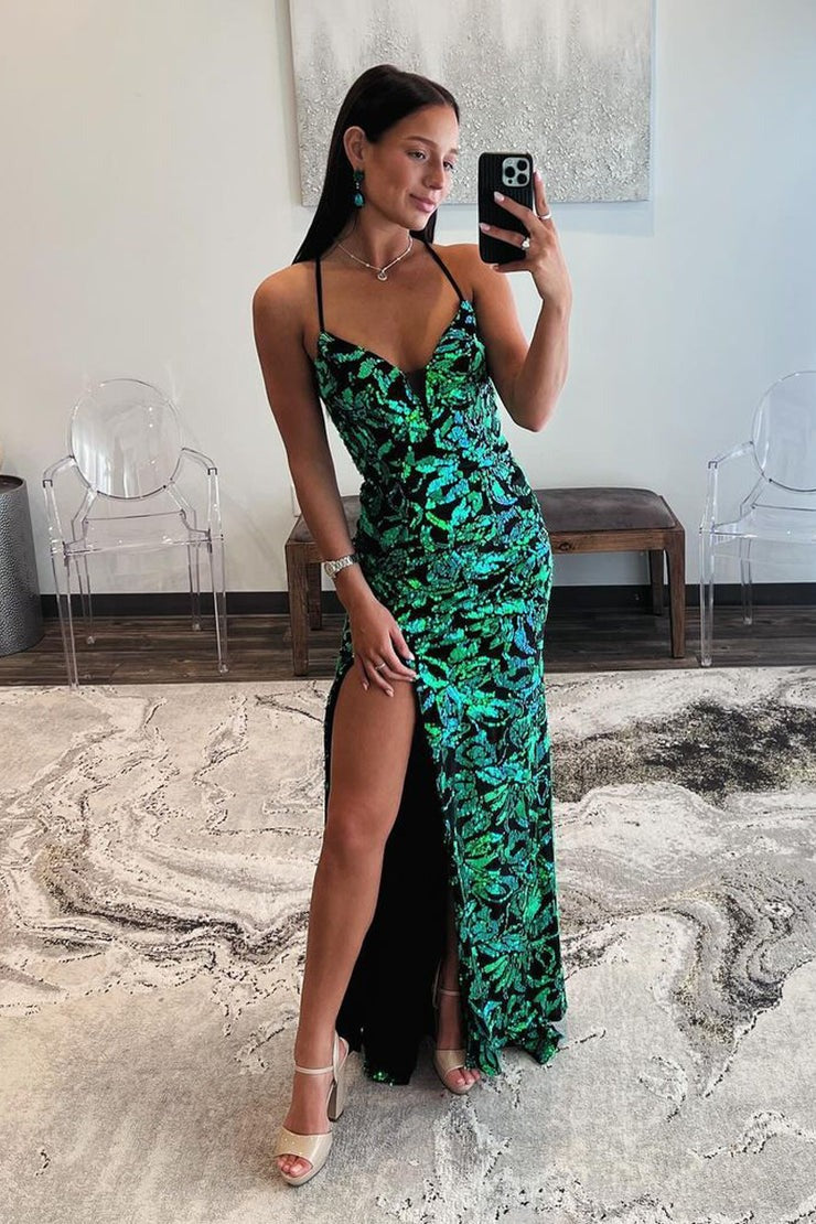 Green V Neck Sequins Lace Mermaid Long Prom Dress with Slit, PD25200