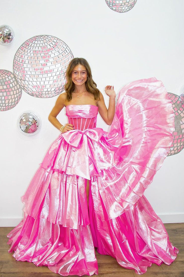 Pink Ball Gown Strapless Organza Ruffled Long Prom Dress with Bow, PD25244